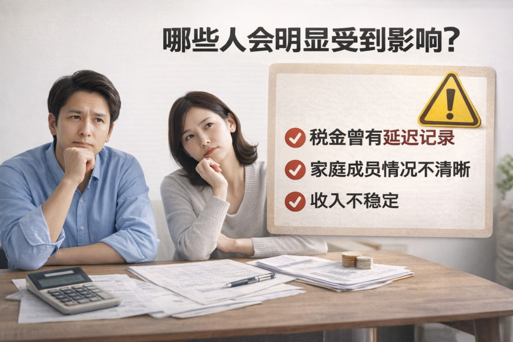 日本永住权申请中可能受影响的人群示意图，包含税金延迟、家庭情况不清晰与收入不稳定等风险提示
